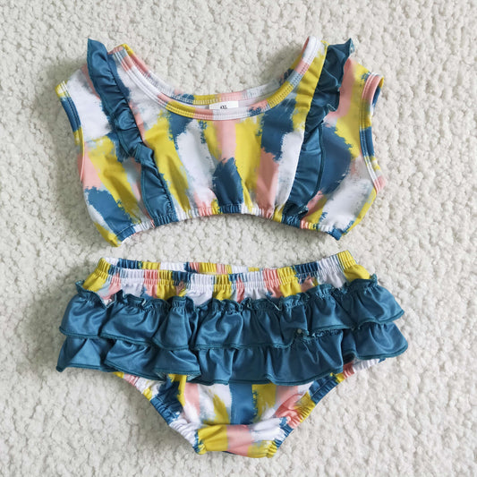 S0026 Yellow white powder blue printed top with briefs swimsuit swim trunks suit