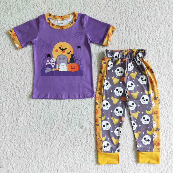 BSPO0018   Boys Halloween Pumpkin Ghost Purple Short Sleeve Pants Set