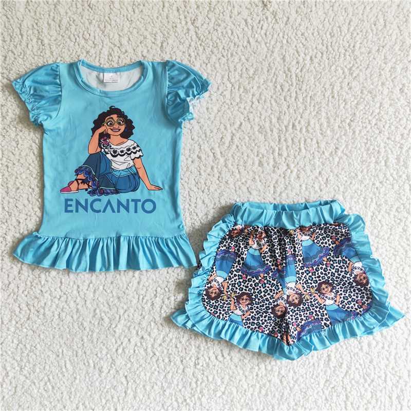 GSSO0019  girl blue movie cartoon character short-sleeved shorts suit