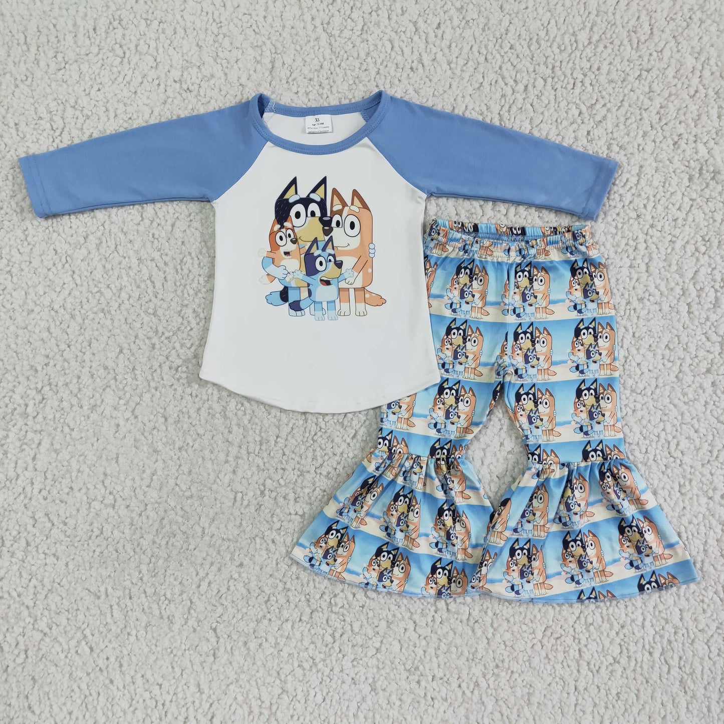 6 B6-38     Blue Dog Pattern Long Sleeve Top with Flared Pants
