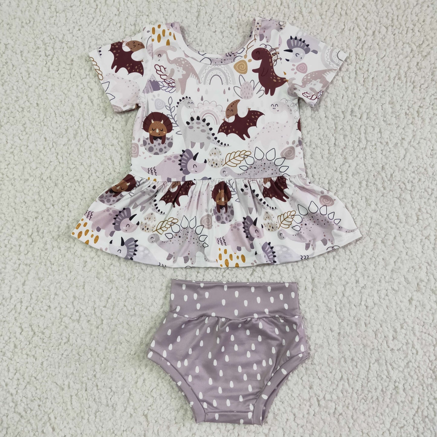6 B3-24   Anime image dinosaur print white short-sleeved top with purple polka-dot shorts