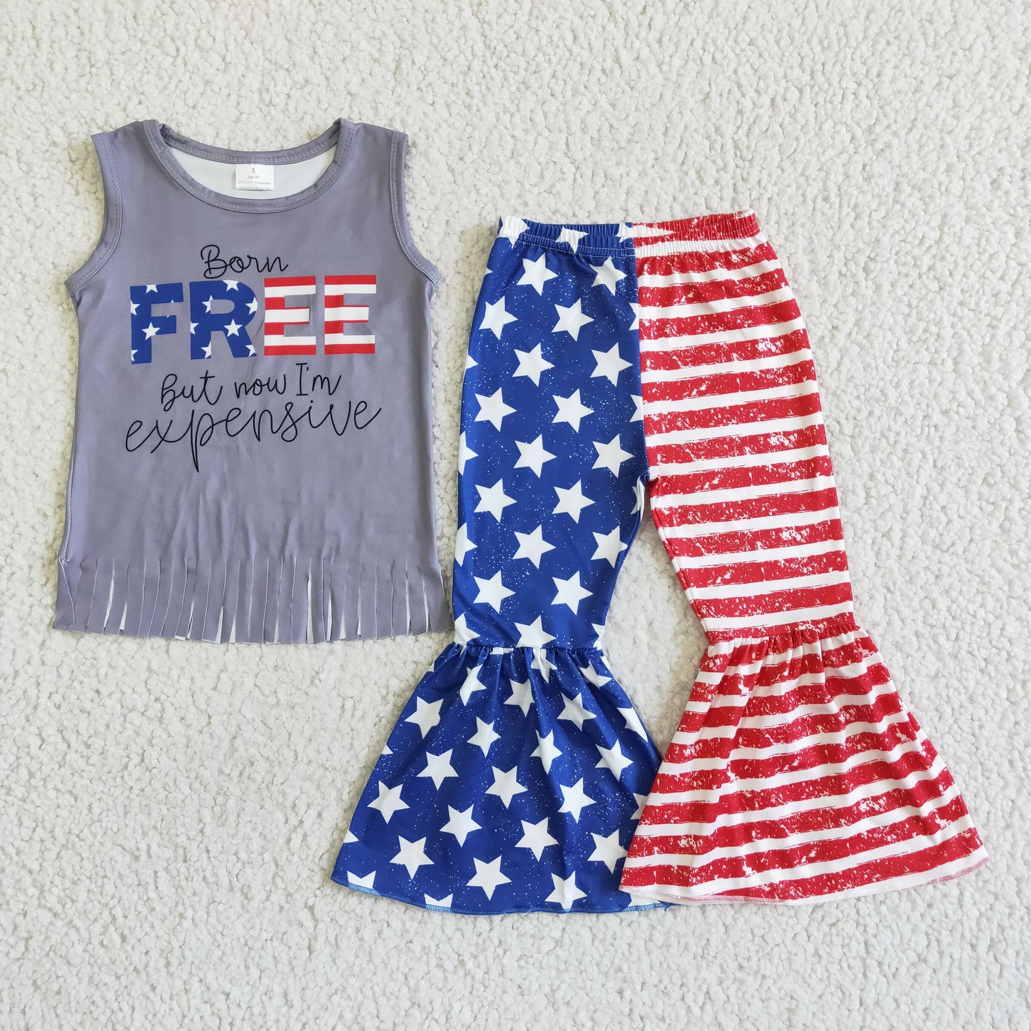 GSPO0050   Independence Day Costume Girls Grey Lettering Sleeveless Top with Independence Day Flare Pants