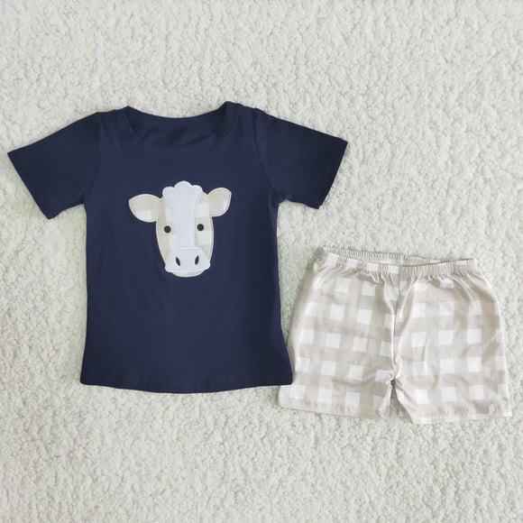 A14-11   Summer Boys Blue Cow Top with  plaid shorts