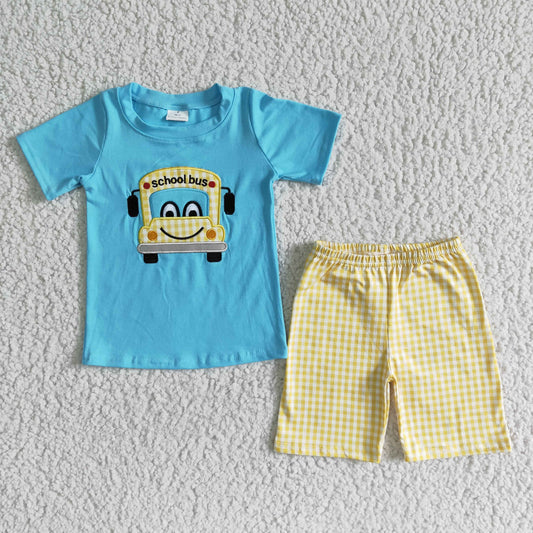 BSSO0055   School bus embroidered blue short-sleeved top with yellow plaid shorts set