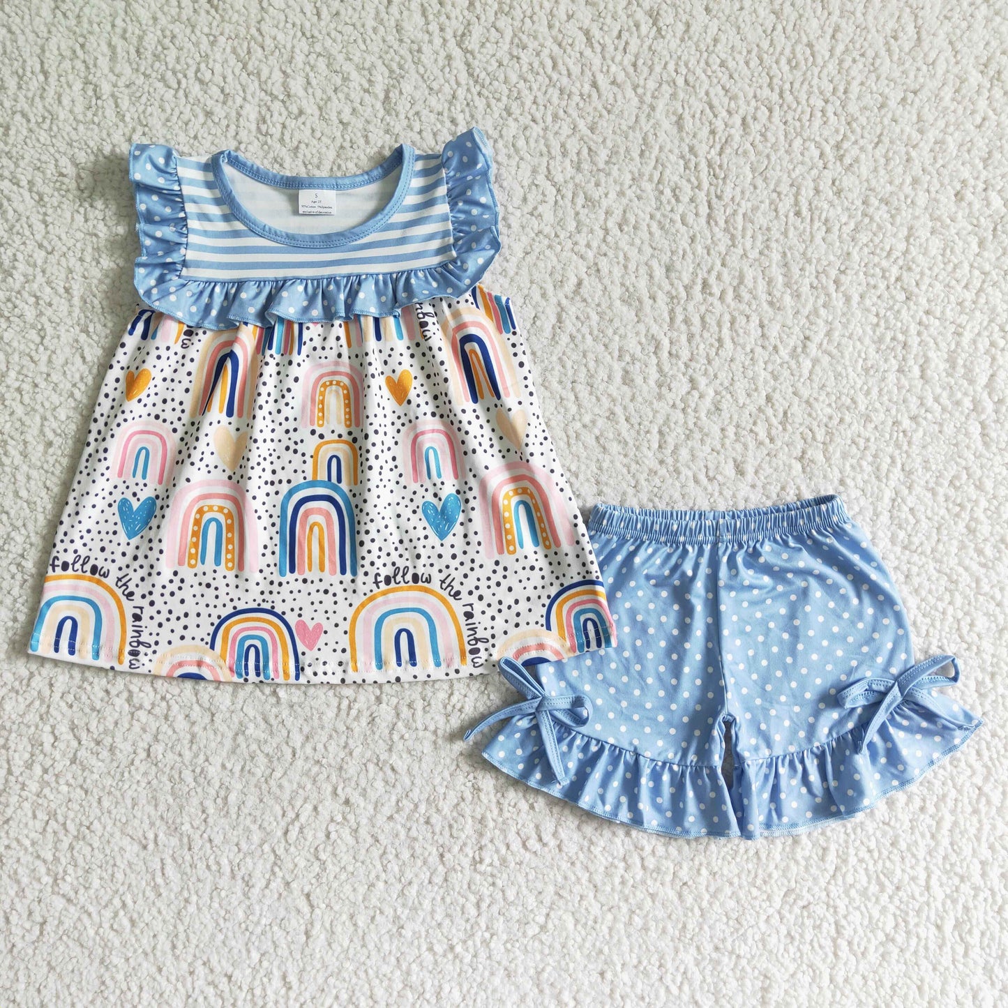 GSSO0028    Rainbow pattern print stitching blue and white striped short-sleeved top with polka dot blue shorts