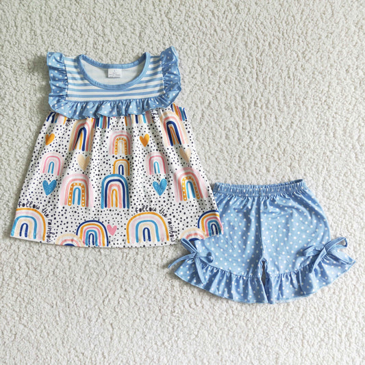 GSSO0028 Rainbow pattern print stitching blue and white striped short-sleeved top with polka dot blue shorts