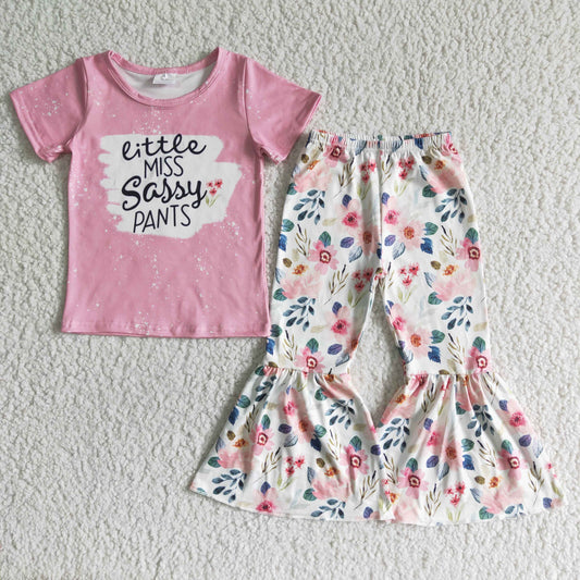 GSPO0062  Girls' Pink Print Alphabet Top with Flower Pattern Flared Pants