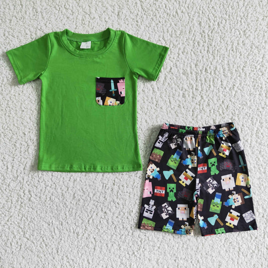 BSSO0078 Green Pocket Short Sleeve Top with Printed Shorts