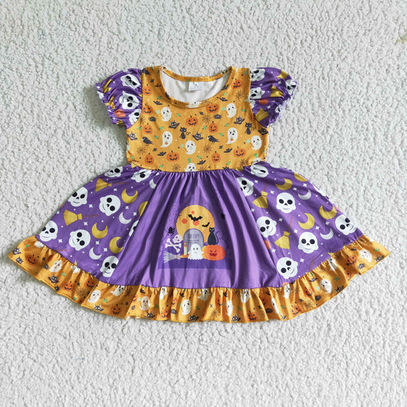 GSD0125  Girls Halloween Pumpkin Ghost Purple Short Sleeve Dress