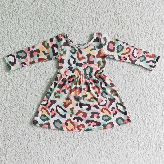 6 B11-29   Girls Color Leopard Print Long Sleeve Dress