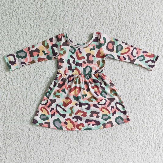 6 B11-29 Girls Color Leopard Print Long Sleeve Dress