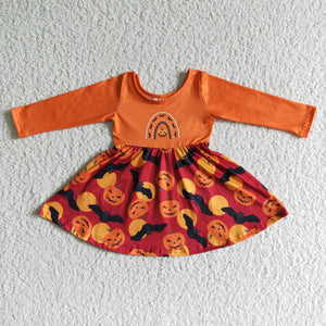 GLD0016    Girls Halloween Pumpkin Bat Long Sleeve Dress