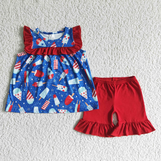 GSSO0044 Summer girls' new popsicle pattern print short-sleeved top with red shorts Independence Day Clothing