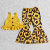 C8-22  Spring and Fall Girls Outfits  Yellow Sleeveless Top with sunflower-pattern flared trousers