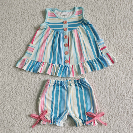 GSSO0045  Girls Colorful Striped Patchwork Short Sleeve Top with Striped Shorts