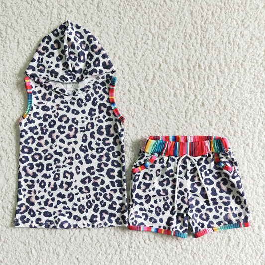 BSSO0060 Leopard Print Sleeveless Hooded Top with Leopard Shorts Set