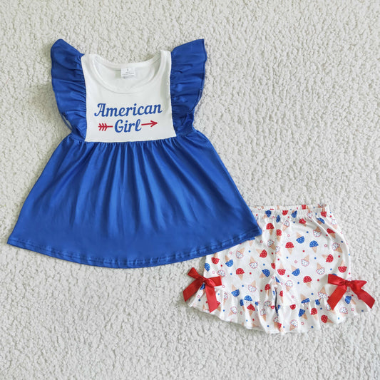 GSSO0042  Blue short-sleeved top with popsicle print white shorts