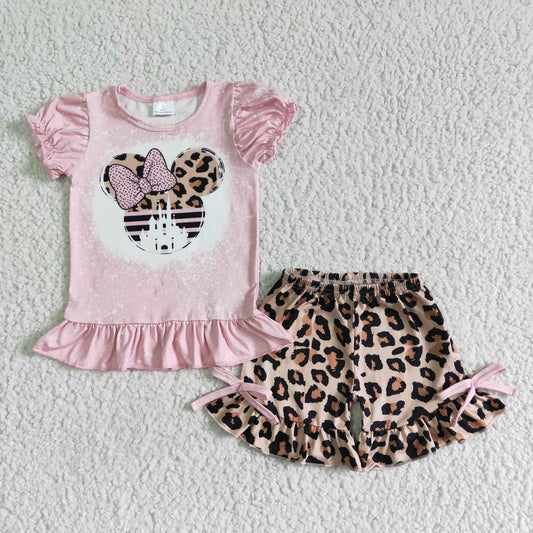 GSSO0062   New Anime Movie Print Pink Short Sleeve Top with Leopard Print Bow Shorts