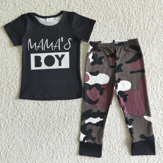 BSPO0001 Black lettered short-sleeved top with camouflage patterned trousers set