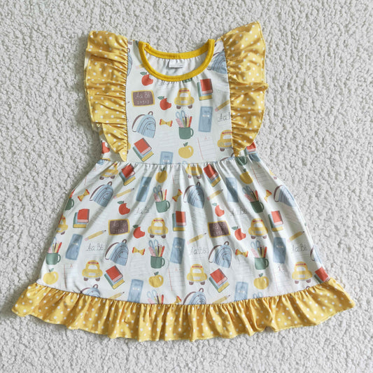 GSD0061  Car Stationery Print Yellow Short Sleeve Dress