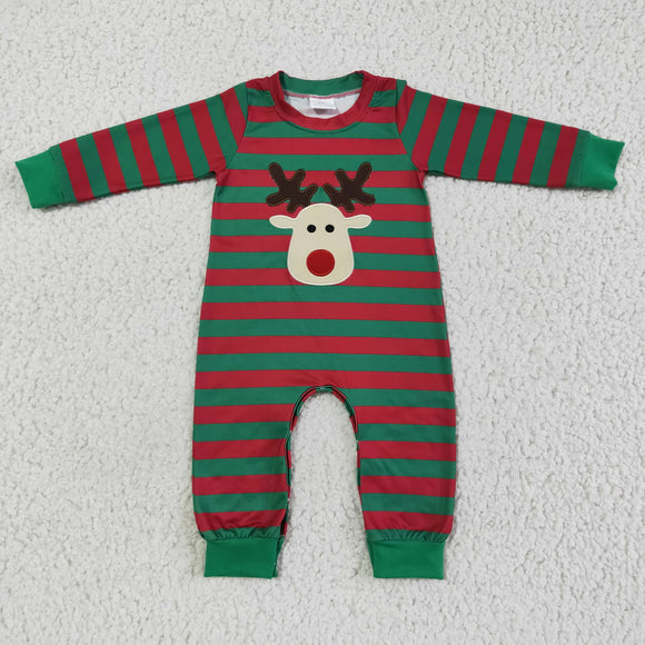 LR0028   Christmas Embroidered Fawn Green Striped Long Sleeve Bodysuit