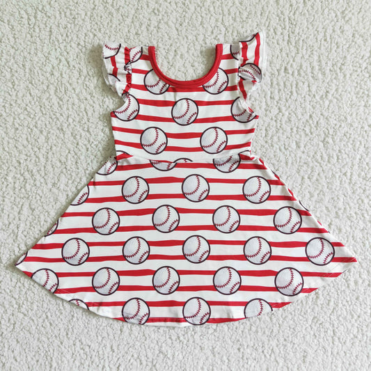 GSD0083   Baseball Graphic Print Red and White Striped Panel Short Sleeve Dress
