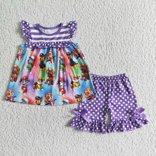 GSSO0060   Anime movie image puppy print purple short-sleeved top with purple polka dot shorts