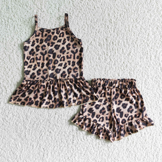 A10-12 girl Leopard Print Suspender Two-Piece Set