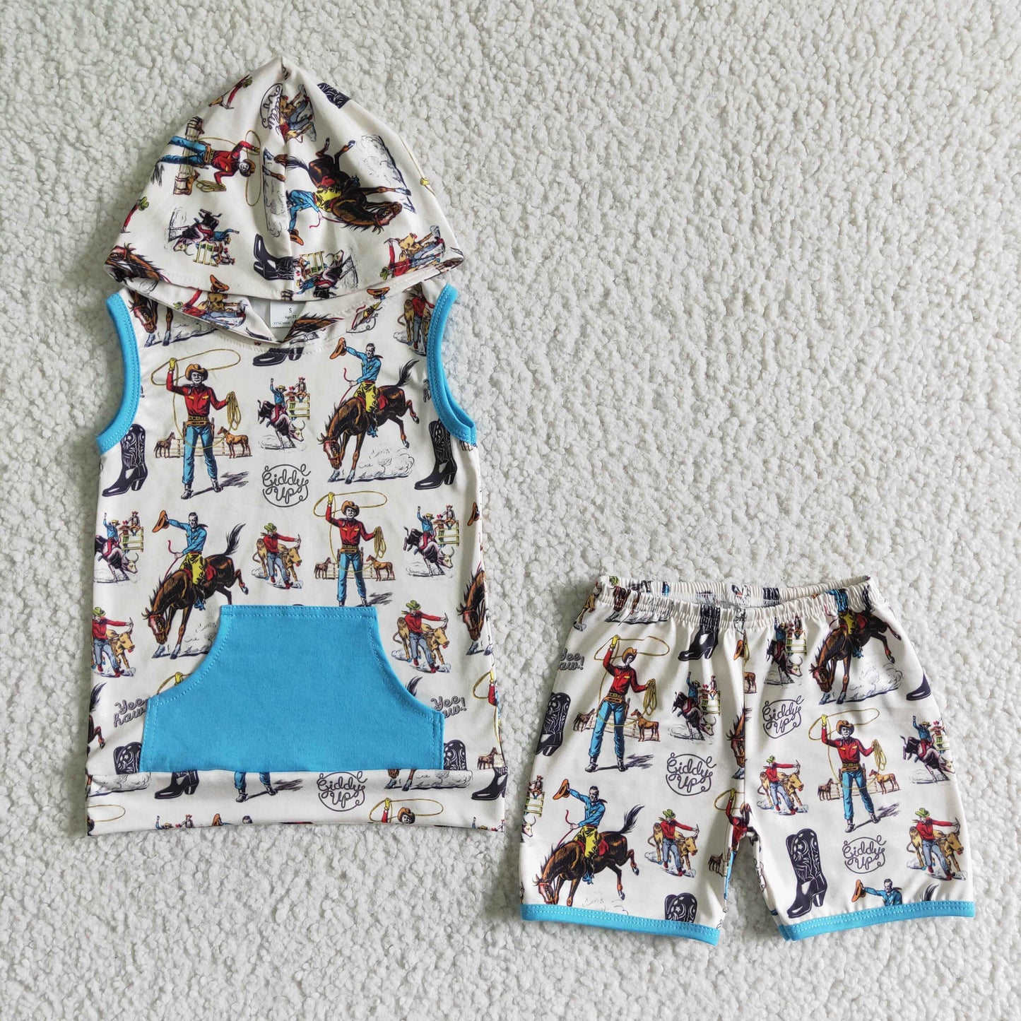 BSSO0061  Cowboy Style Boys Riding Print Sleeveless Hoodie with Shorts