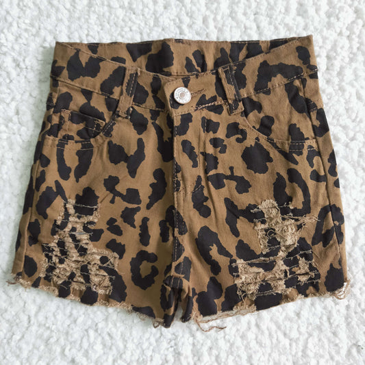 B4-16 Leopard Print Distressed Button Shorts Summer Girls