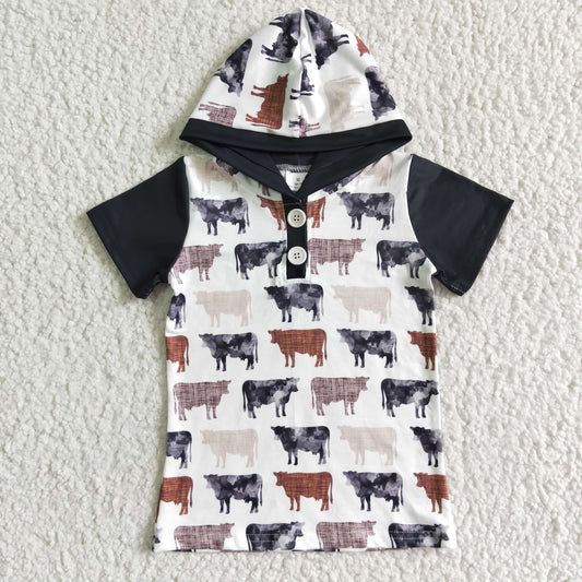 BT0009 Cow Print Button Short Sleeve Hooded Short Sleeve Top