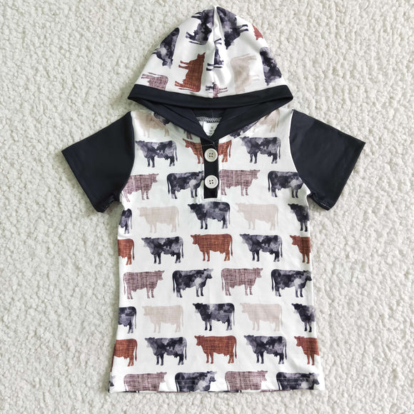 BT0009  Cow Print Button Short Sleeve Hooded Short Sleeve Top