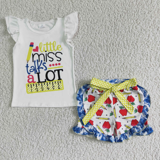 GSSO0095 Letter-print white short-sleeved top with pencil apple-print shorts