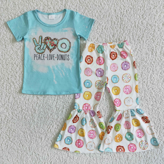 A14-4  Blue short-sleeved top with donut-print flared pants