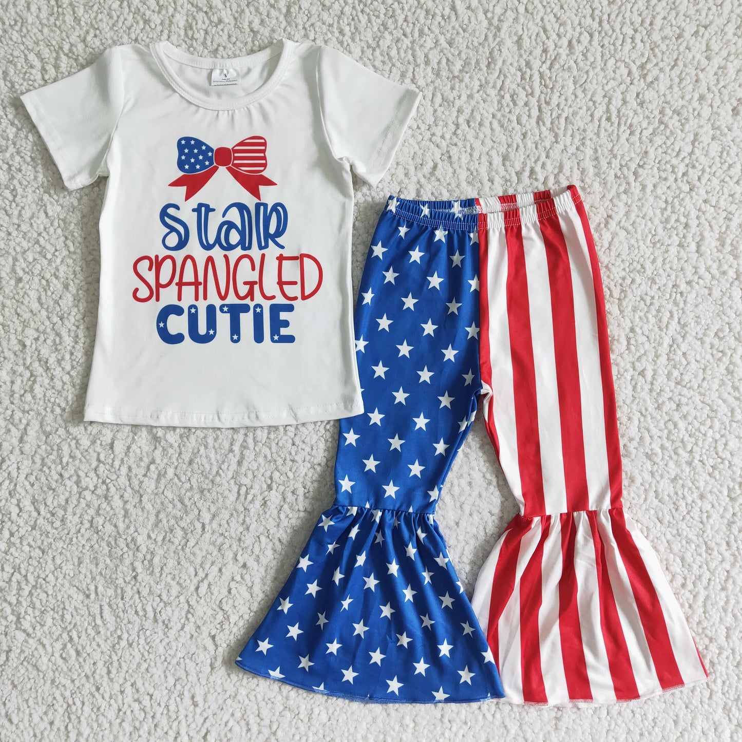 NC0006  Alphabet-print white short-sleeved top with star-striped flared trousers  independence Day