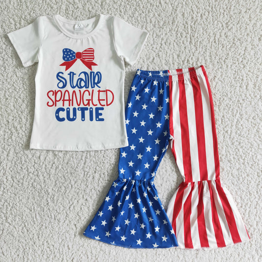 NC0006  Alphabet-print white short-sleeved top with star-striped flared trousers  independence Day