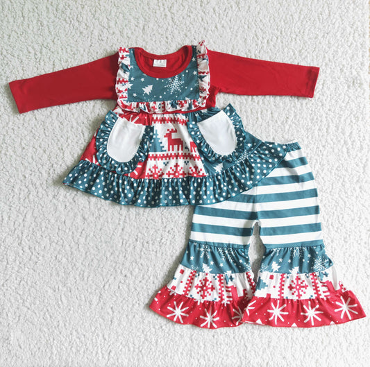 6 B9-36  Girls Christmas Patchwork Red Sleeves White Pocket Set