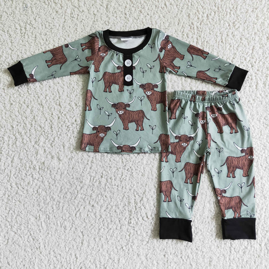 6 C11-23     Boys Cow Green Long Sleeve Pants Pajama Set