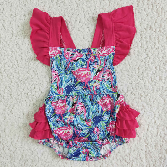 SR0038   Girls flamingo pattern rose red romper