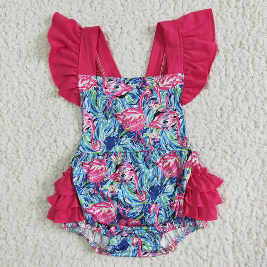 SR0038 Girls flamingo pattern rose red romper