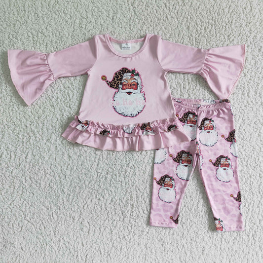 6 C9-23 Santa Print Pink Long Sleeve Top and Pink Pants Set