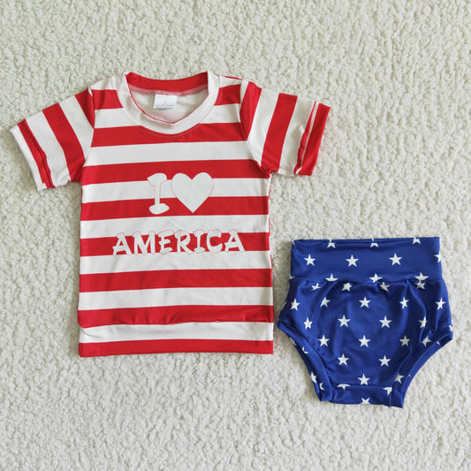 GBO0018 Girls red and white striped stitching short-sleeved top with star pattern print blue shorts