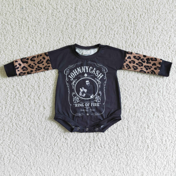 LR0014  JOHNNY CASH Black Leopard Print Long Sleeve Bodysuit