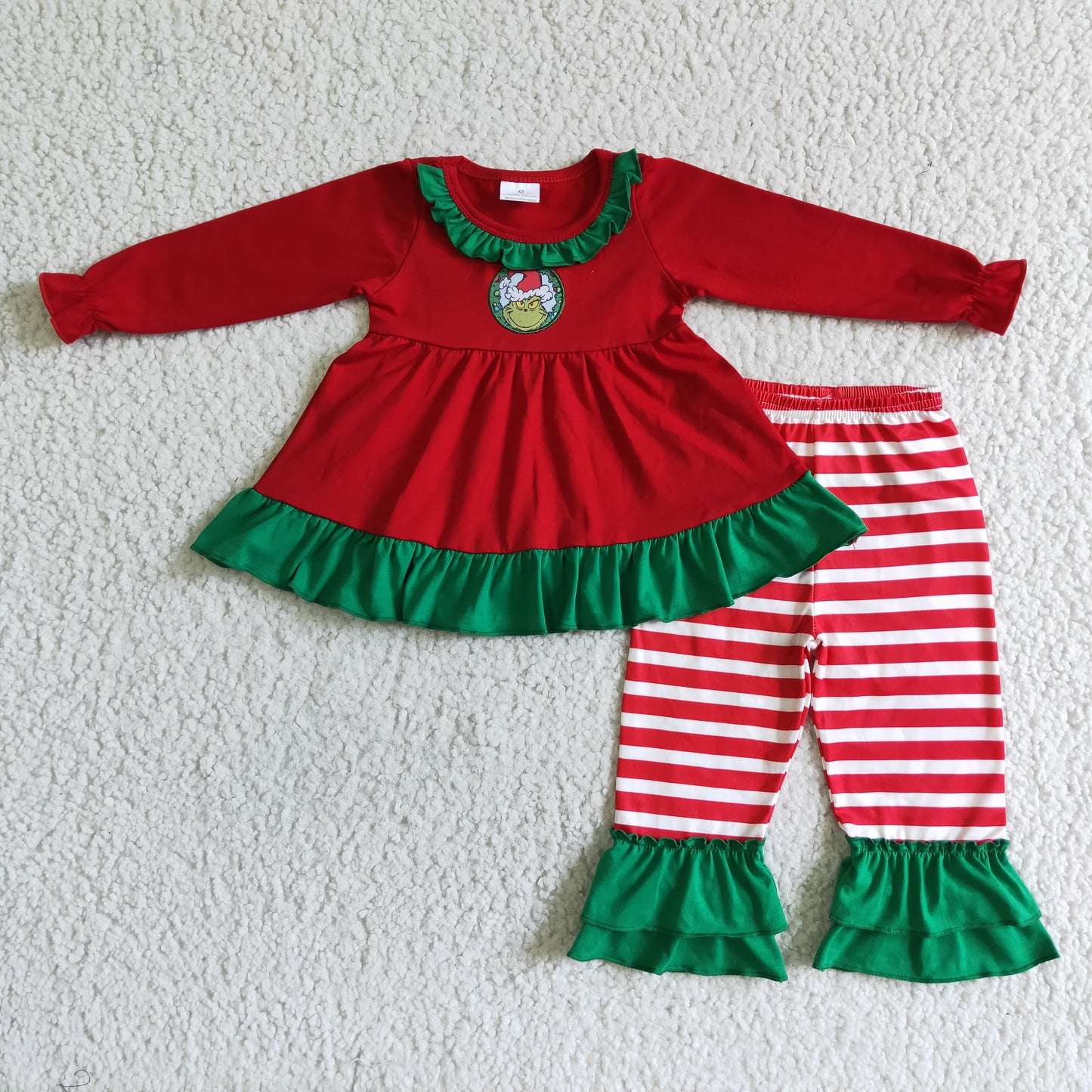 GLP0032  Girls Girls Embroidered Grinch Red Long Sleeve Striped Trousers Suit