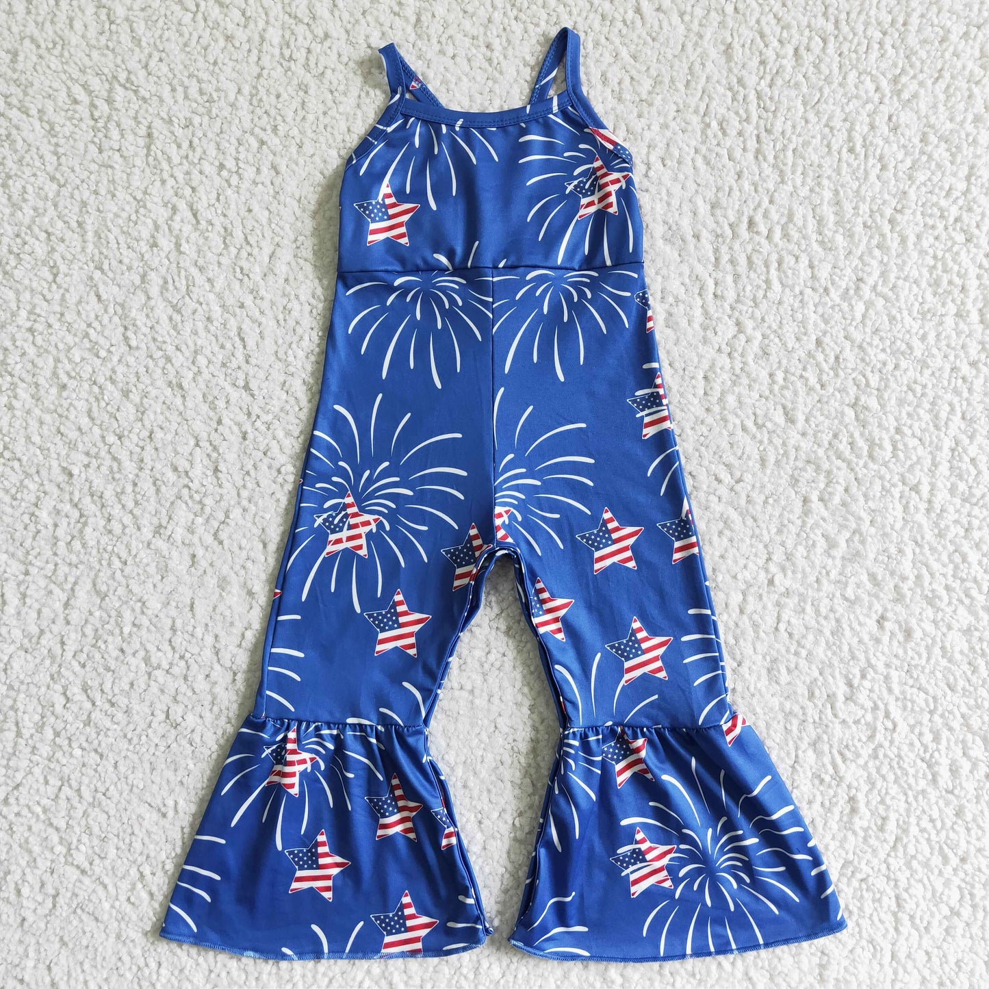 SR0055  Independence Day Clothing Stars Print Blue Suspender Jumpsuit