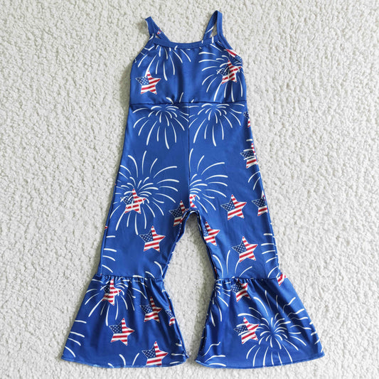 SR0055 Independence Day Clothing Stars Print Blue Suspender Jumpsuit