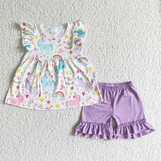 C10-3  Girls' Pony Print White Sleeveless Top and Shorts Set