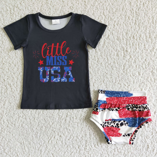 NC0007 Independence Day Costume Black Letters Print Short Sleeve Top with Shorts