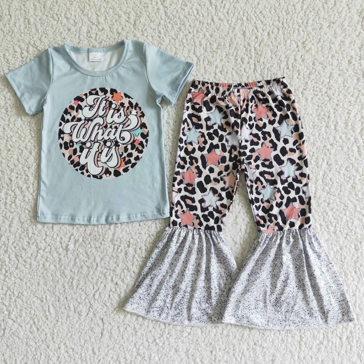 GSPO0002   Blue short-sleeved top with leopard-print star-pattern flared pants