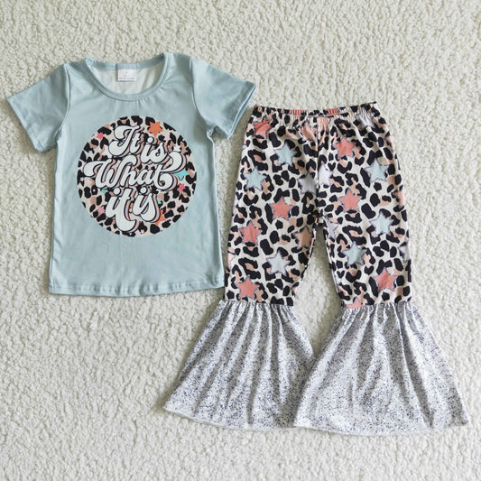 GSPO0002   Blue short-sleeved top with leopard-print star-pattern flared pants